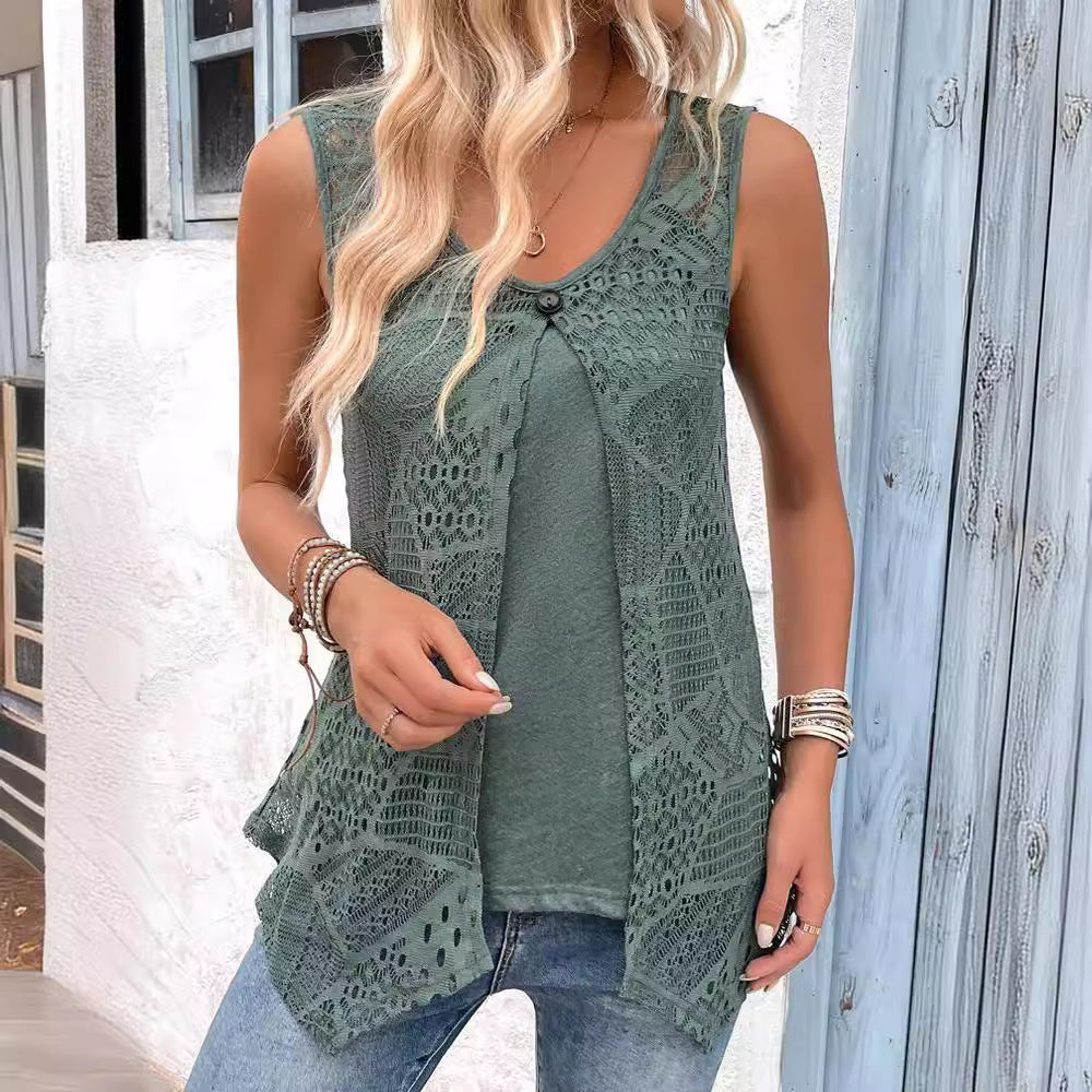 Women's sleeveless lace tunic shirt with fashionable button closure WW