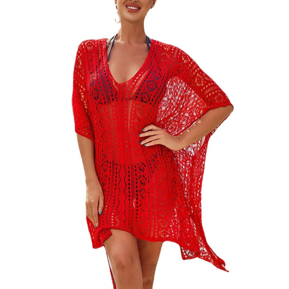 Women's airy crochet throw with decorative V-neck