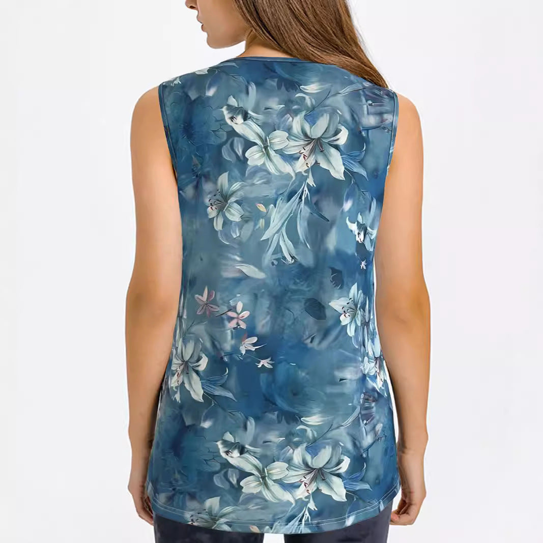 Women's sleeveless top with floral pattern and decorative collar WW