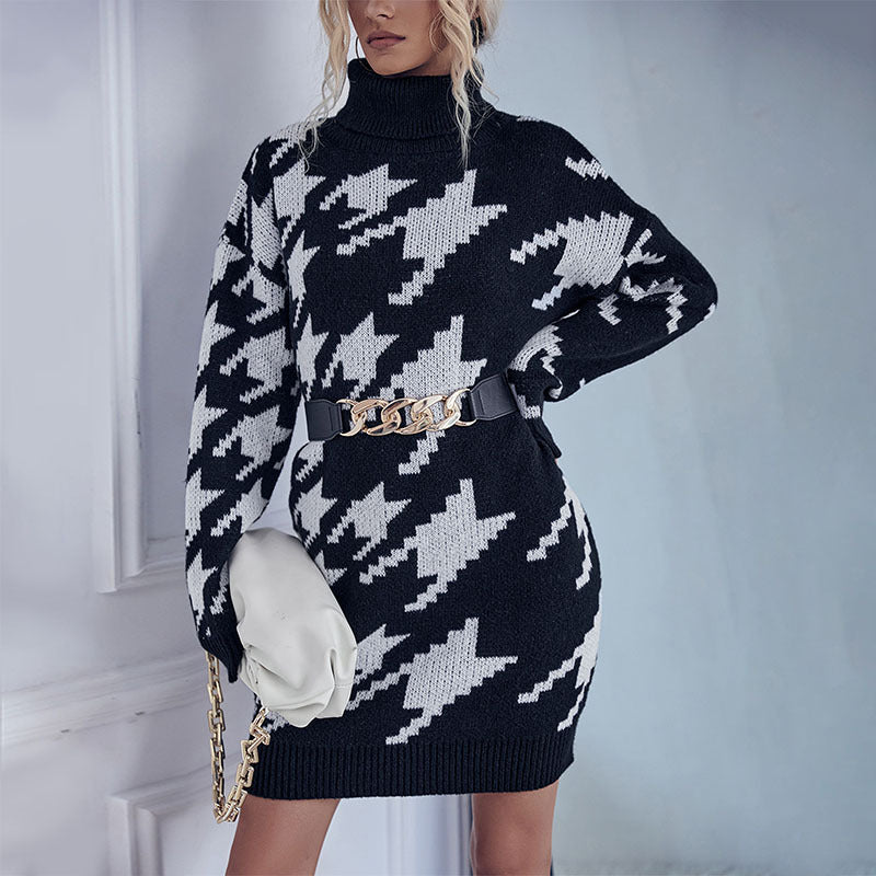 Women's knitted dress with modern star pattern and high collar WW