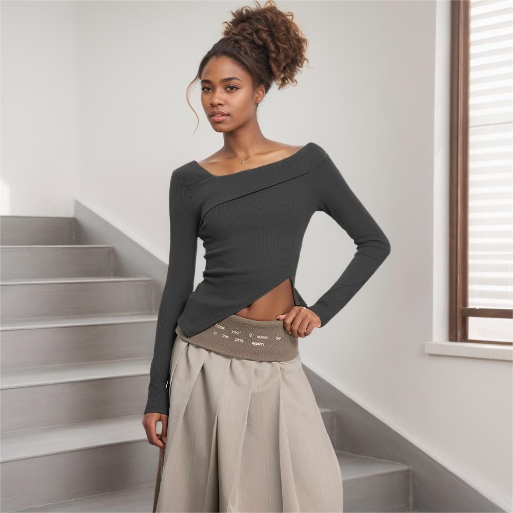 Women's asymmetric long-sleeved top with elegant wrap detail W&W
