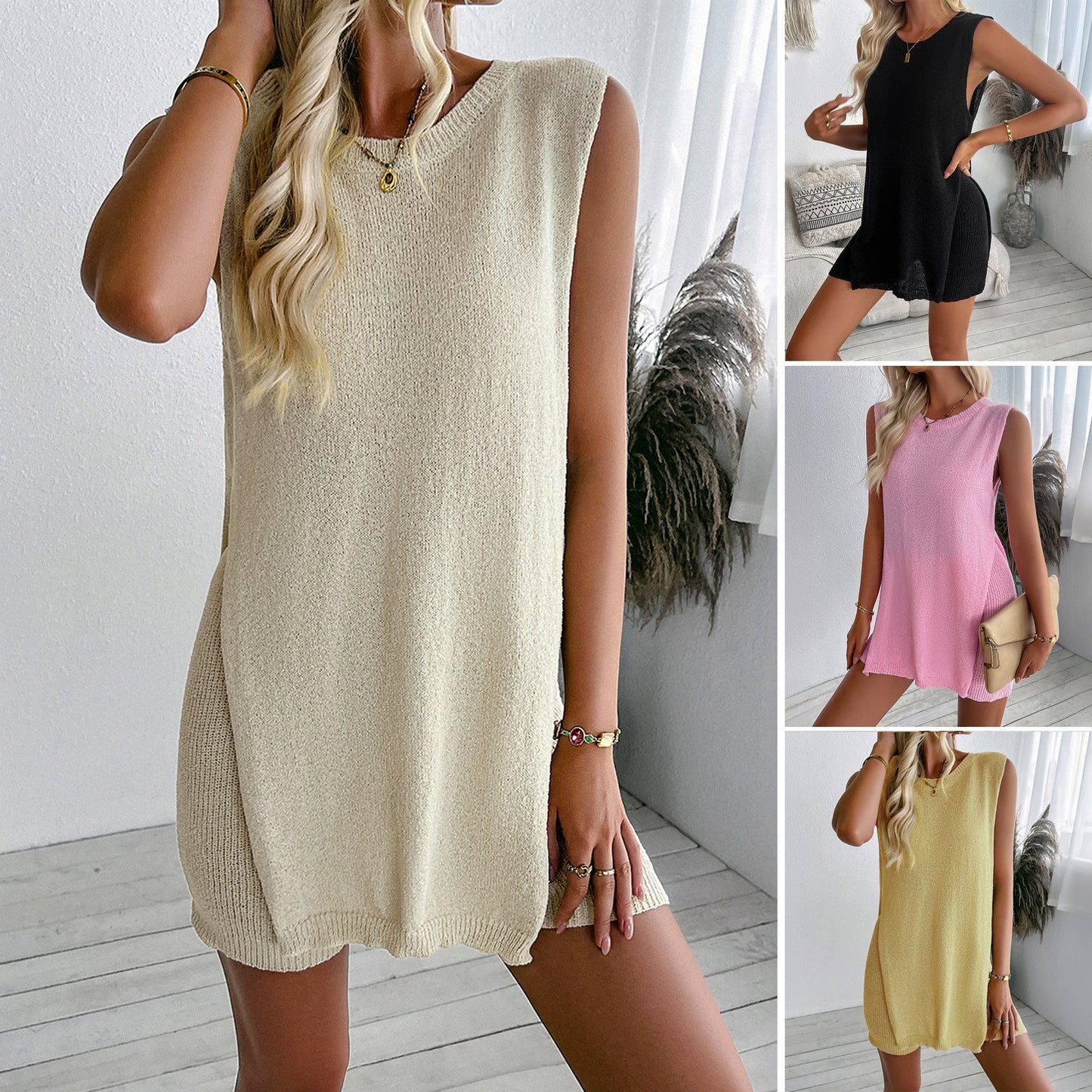 Women's airy knit dress with sleeveless and side slits WW