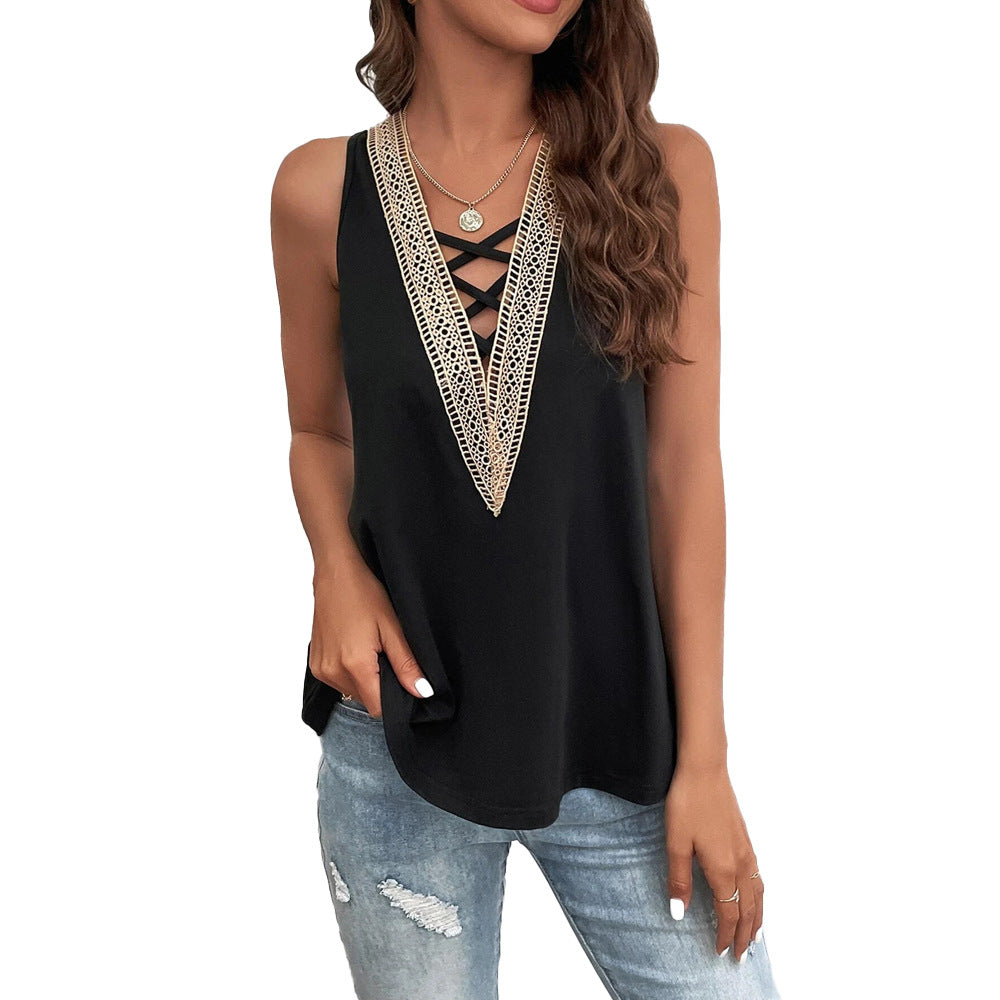Women's sleeveless V-neck top with decorative lace accents W&W