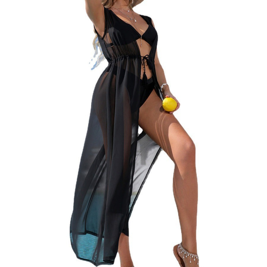 Women's sheer beach cover-up with deep V-neck and tie