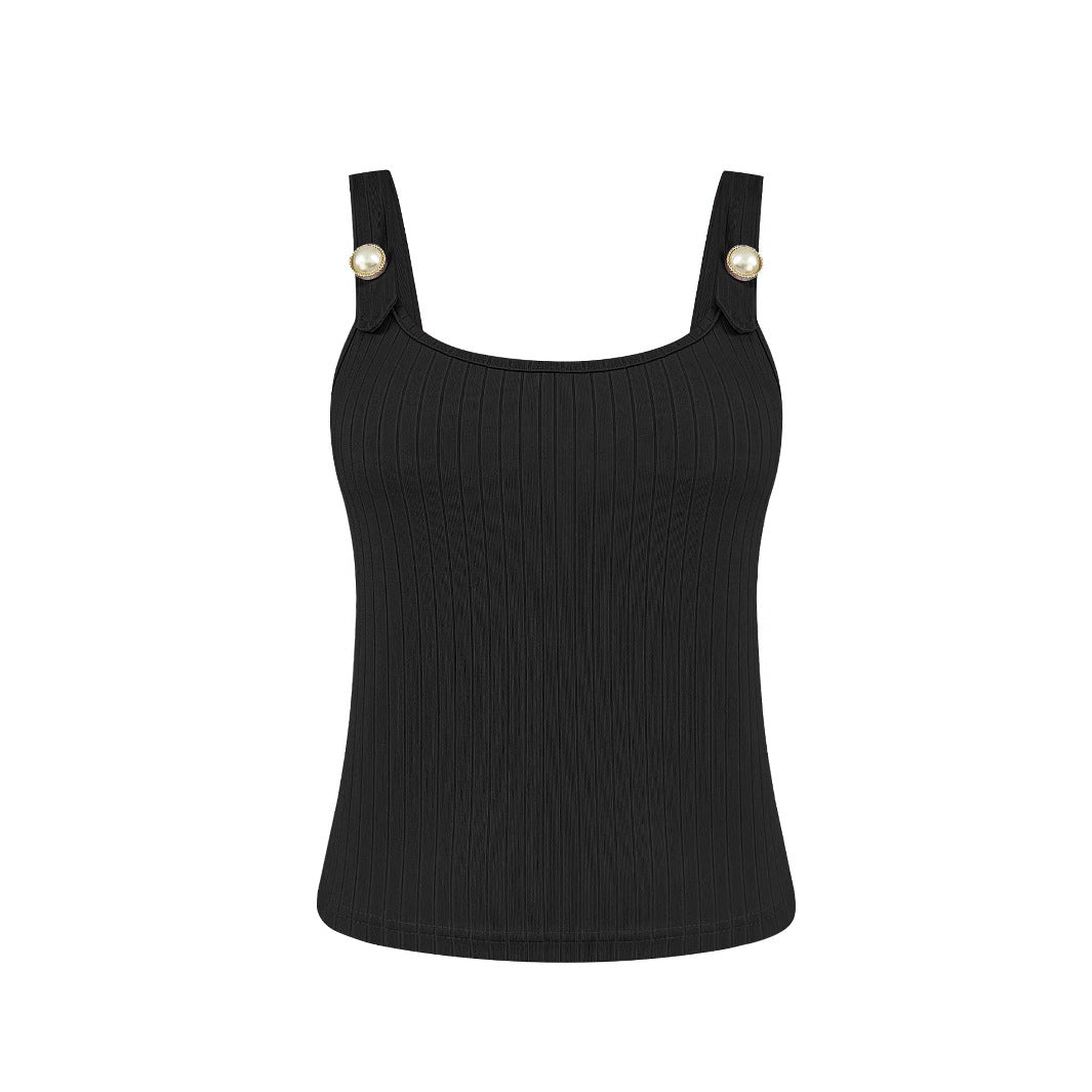 Women's sleeveless ribbed top with decorative button details WW