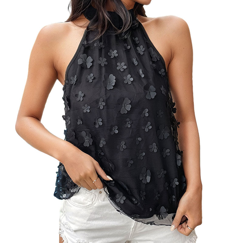 Women's floral design top with high collar and airy fit WW