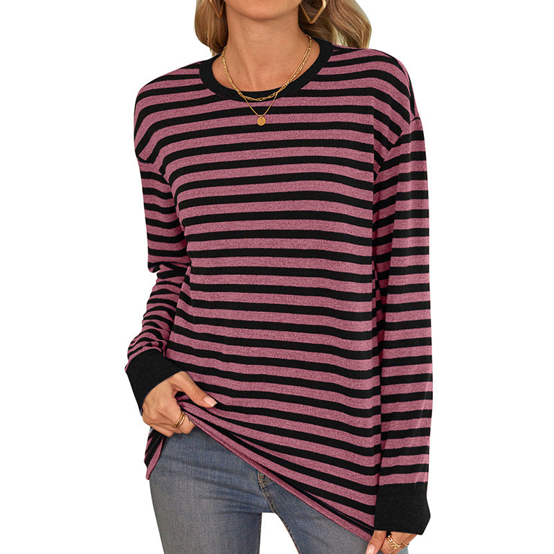 Women's comfortable long-sleeved shirt with striped design and round neck WW
