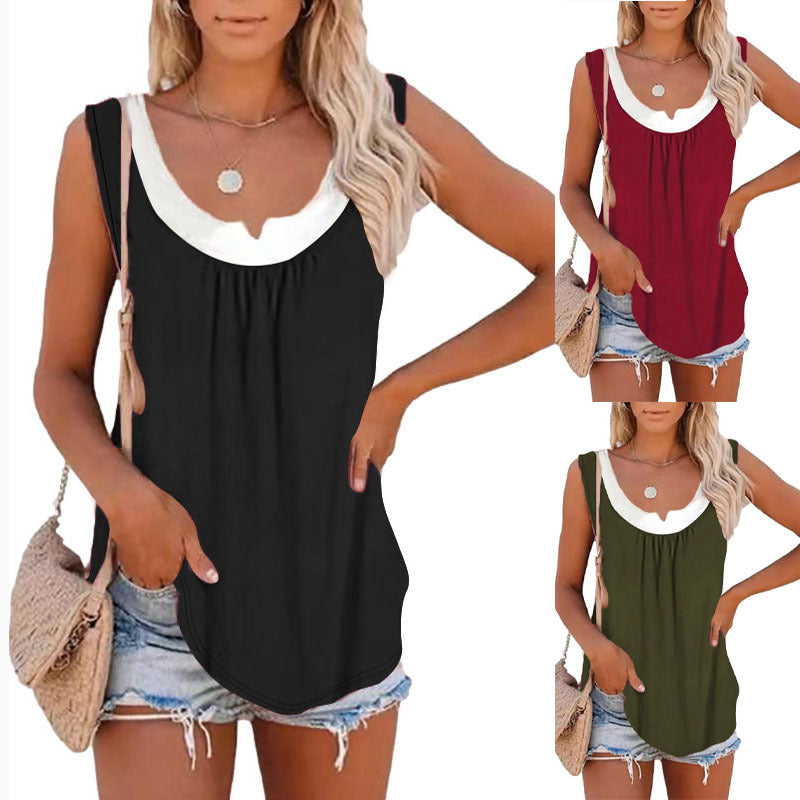 Women's sleeveless blouse shirt with fashionable V-neck and loose silhouette WW