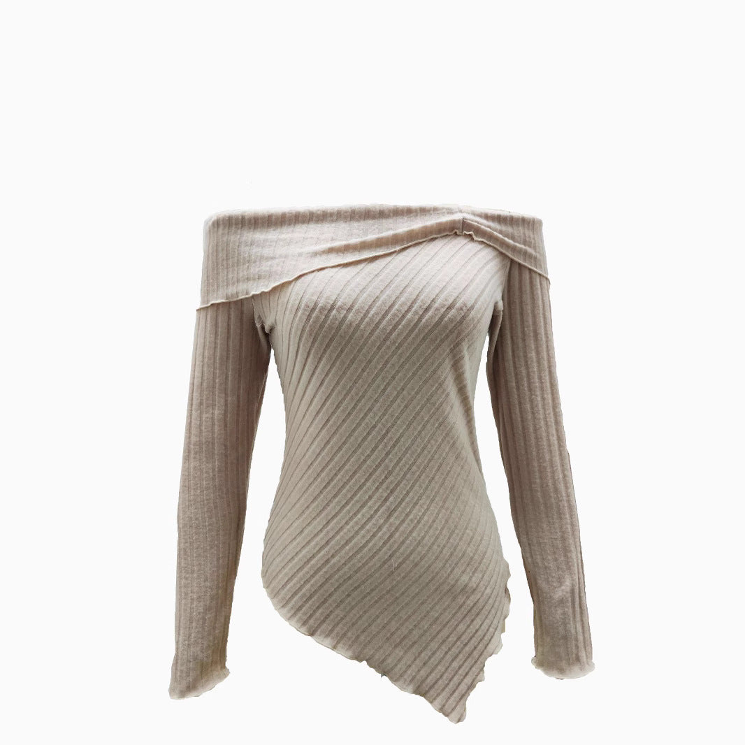 Women's off-the-shoulder ribbed knit top with asymmetric hem and decorative details WW