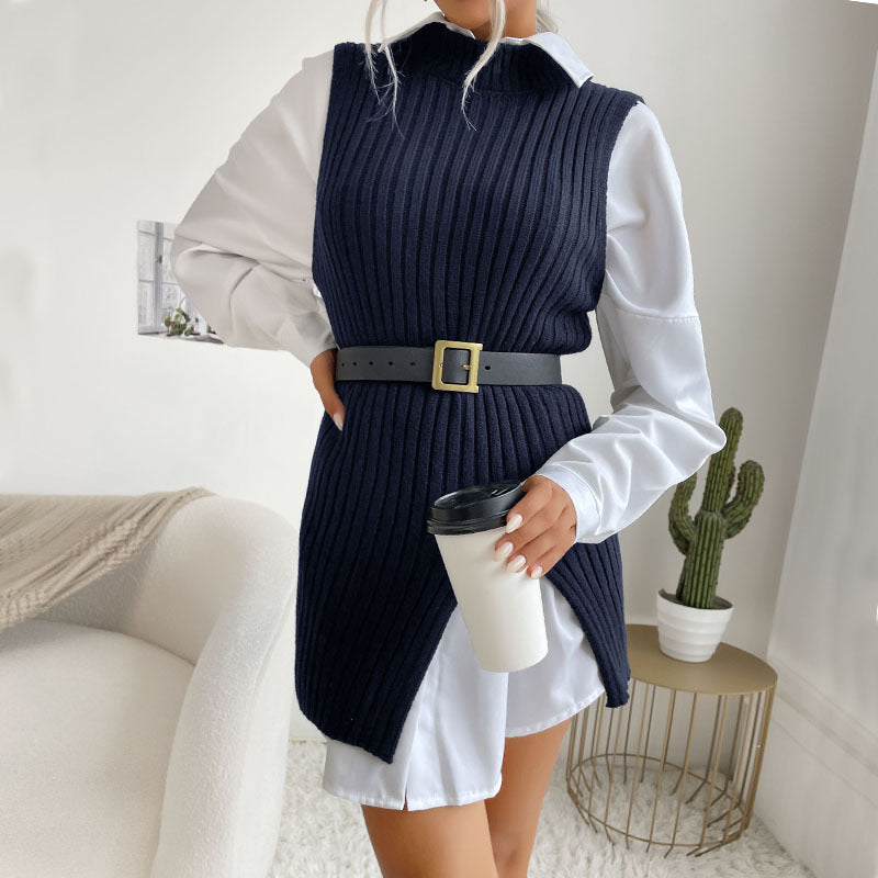 Women's knitted dress with asymmetric hem and tailored belt WW