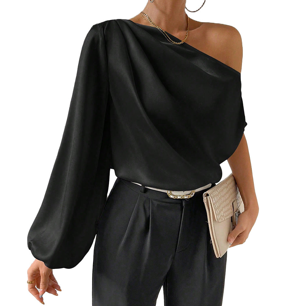Women's asymmetric top with elegant puff sleeves and ruffles W&W