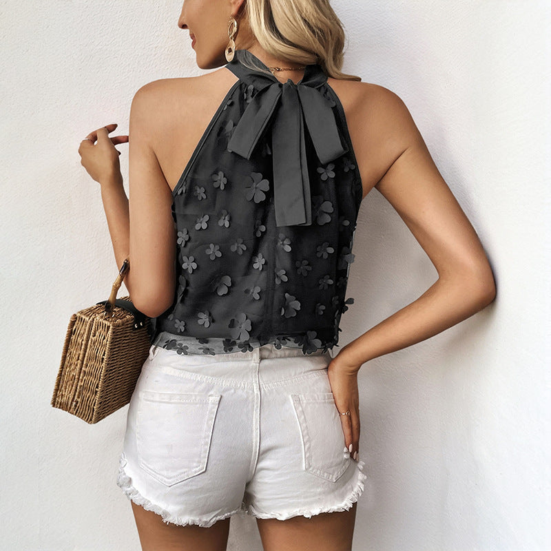 Women's floral design top with high collar and airy fit WW