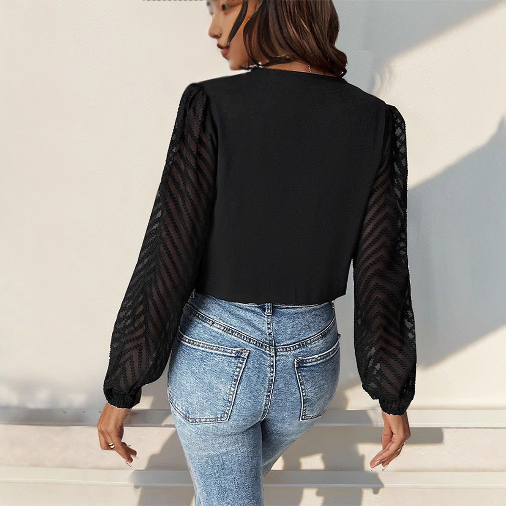 Women's blouse with elegant wrap design and transparent sleeves WW