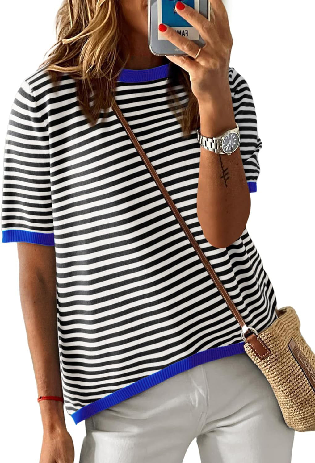 Women's comfortable striped leisure blouse with contrast collar WW