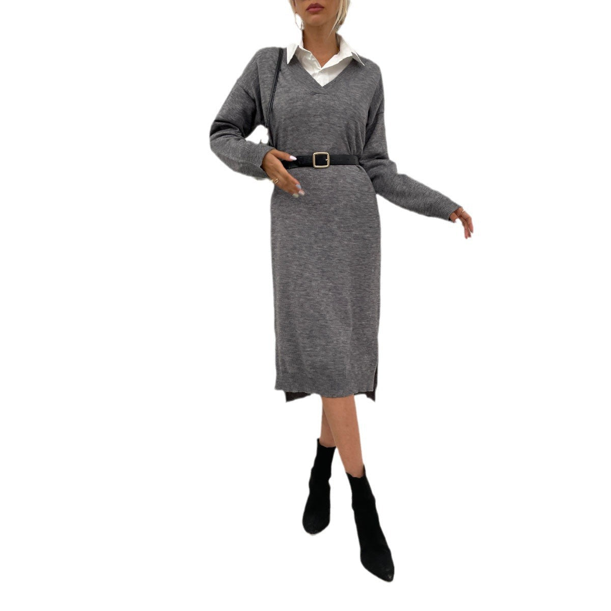 Women's knitted dress with deep V-neck and elegant waist belt WW