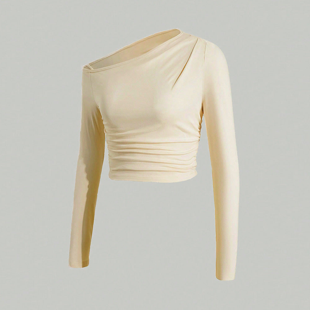 Women's asymmetric long-sleeved crop top with fashionable ruffles W&W