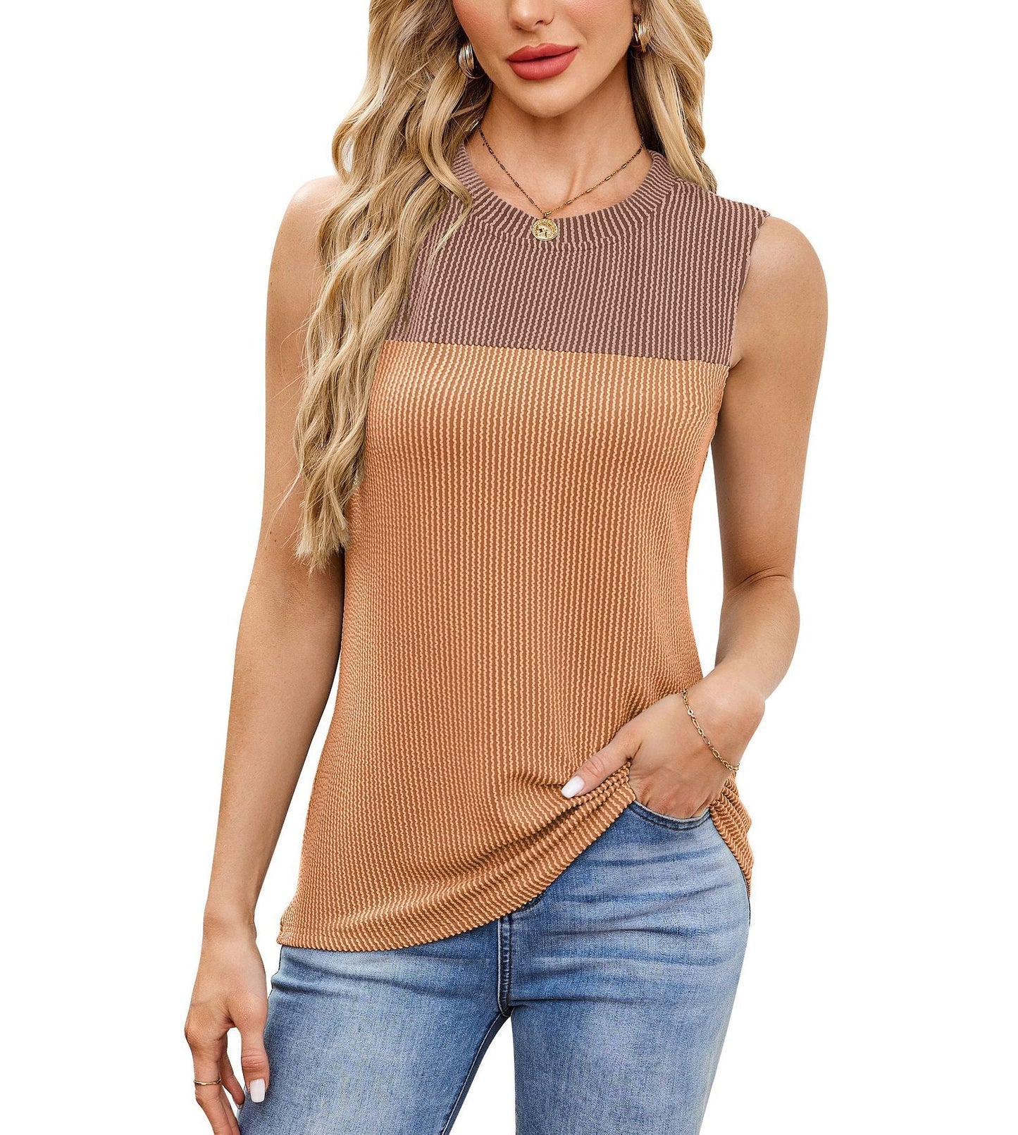 Women's sleeveless ribbed top with boat neck and practical side pockets WW