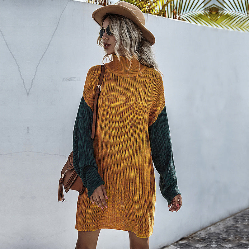 Women's knitted dress with asymmetric cut and contrasting sleeves WW