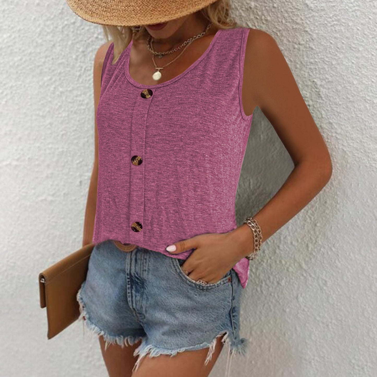 Women's sleeveless button top with a modern cut and comfortable fit WW