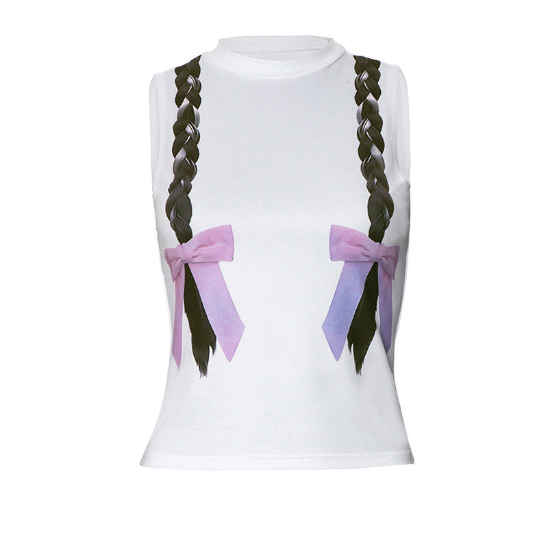Women's sleeveless top with playful cable design and bow accents W&W