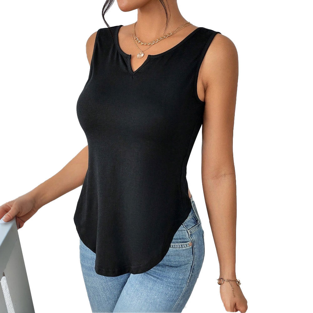 Women's sleeveless top with elegant V-neck and curved hem W&W
