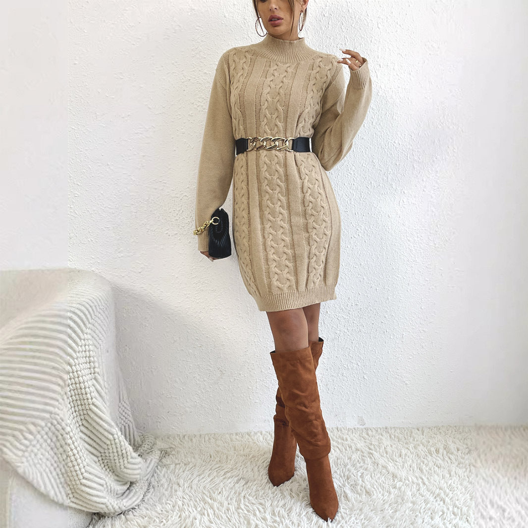 Women's knitted dress with high collar and elaborate cable pattern WW