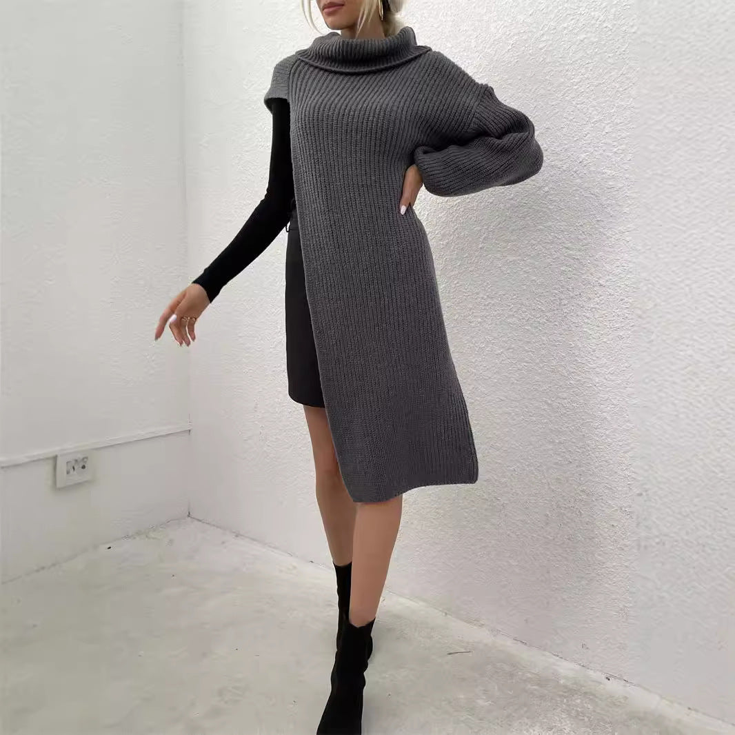 Women's knitted dress with asymmetric hem and high collar WW
