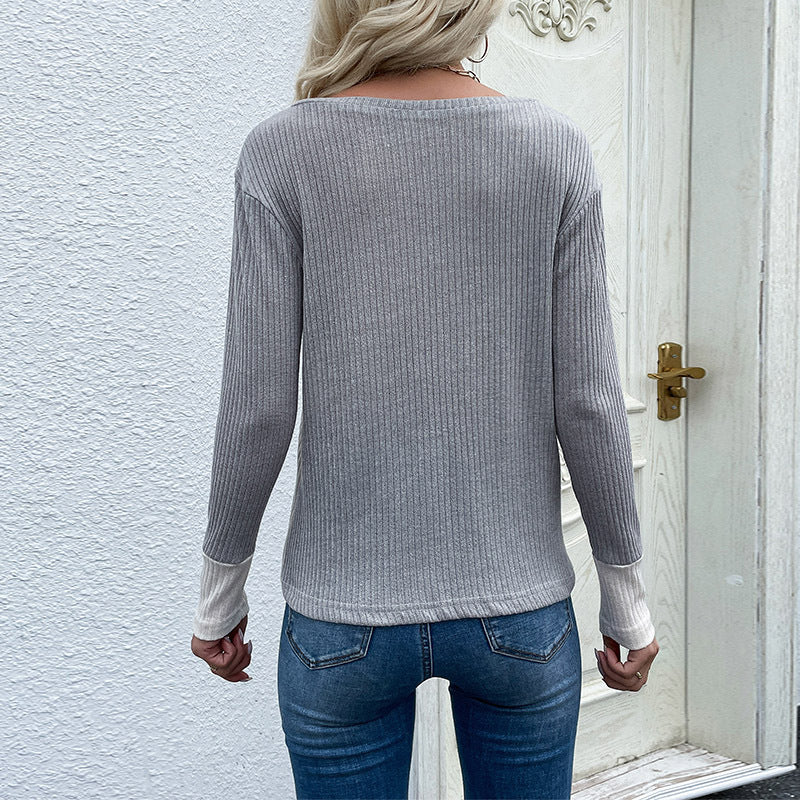 Women's asymmetric long-sleeved shirt with contrasting patterns and V-neck WW