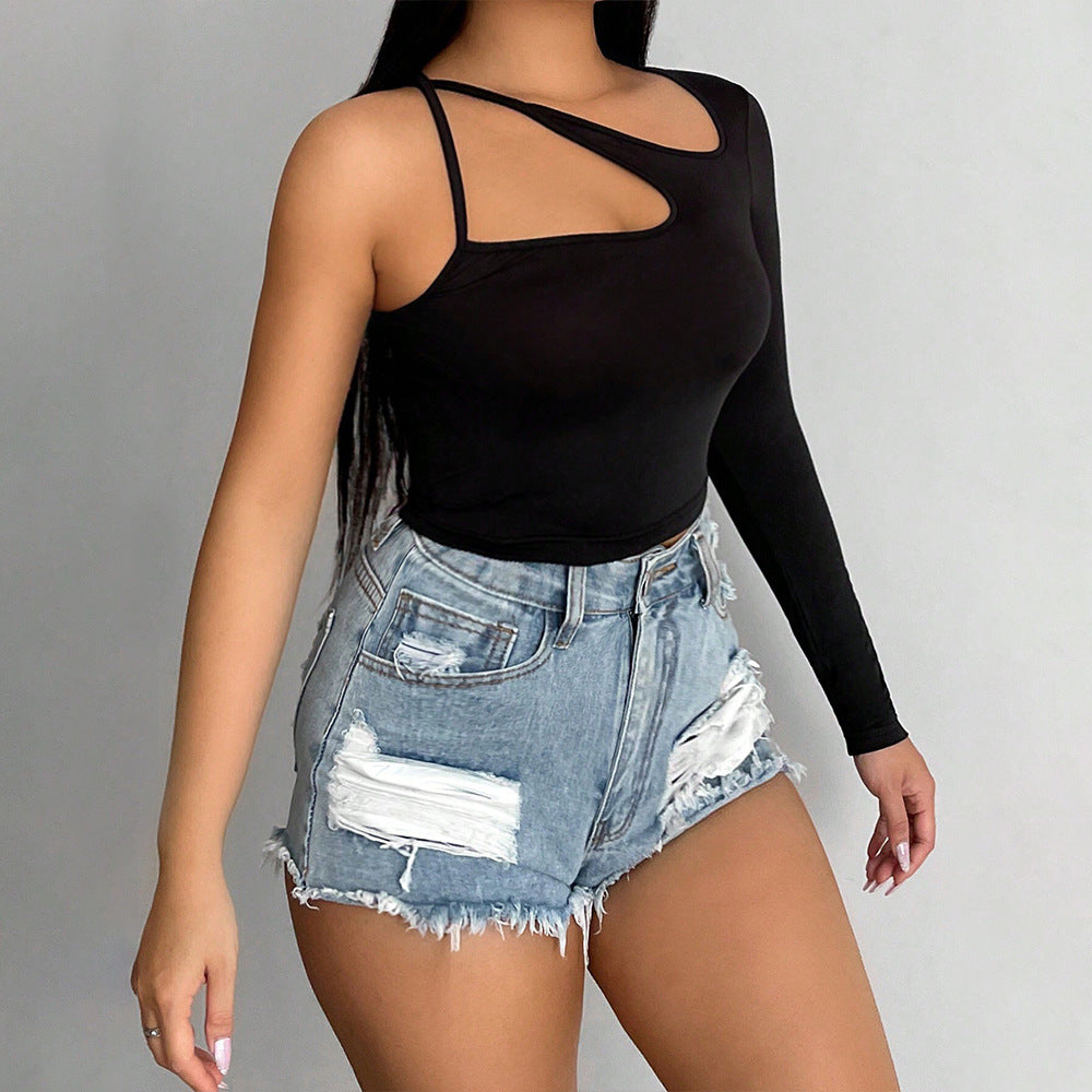 Women's asymmetric long-sleeved crop top with fashionable cut-out W&W