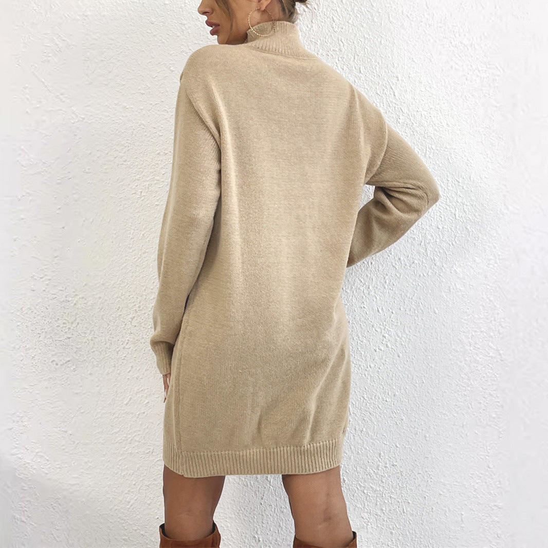 Women's knitted dress with high collar and elaborate cable pattern WW