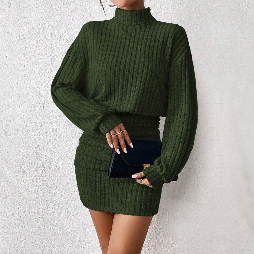 Women's knitted clothing set with high-necked sweater and figure-hugging mini skirt