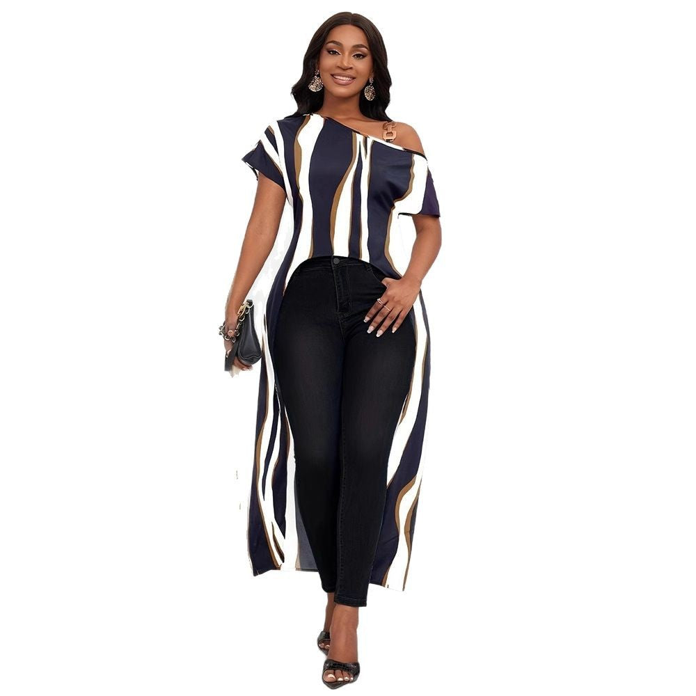 Women's asymmetric top with side slit and fashionable striped pattern W&W