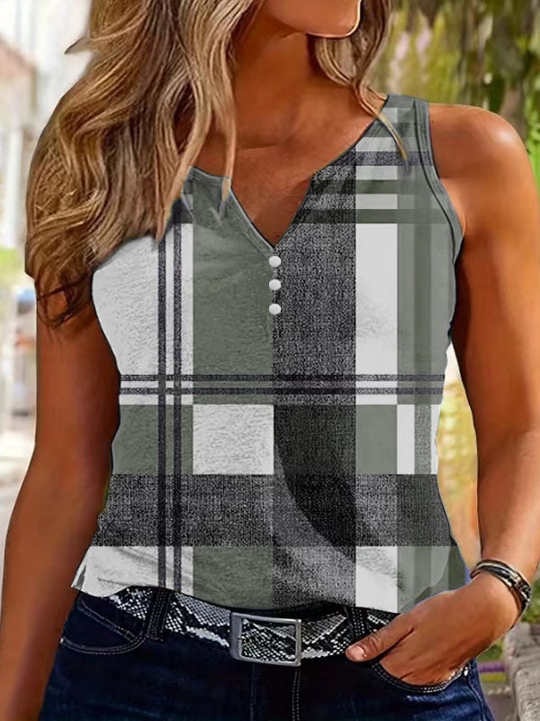 Women's sleeveless checked top with decorative buttons WW