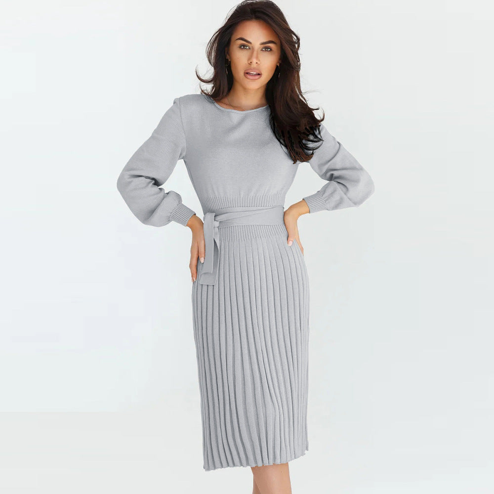 Women's knitted dress with adjustable belt and long sleeves WW