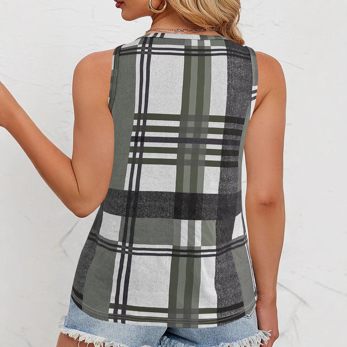 Women's sleeveless checked top with decorative buttons WW