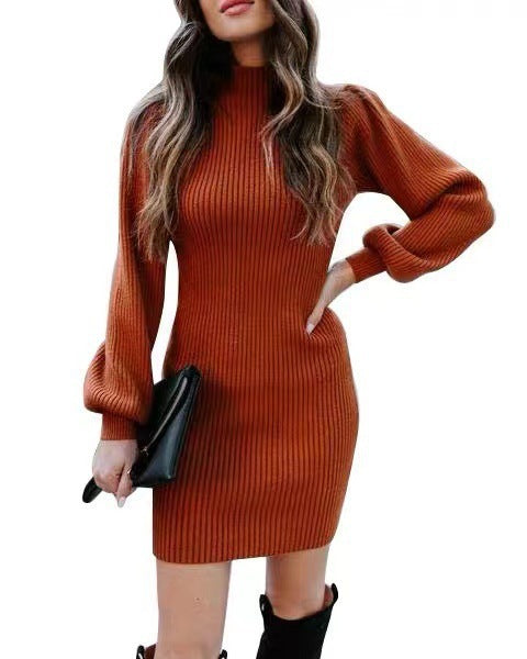 WW | High-neck knitted sweater mini bodycon dress