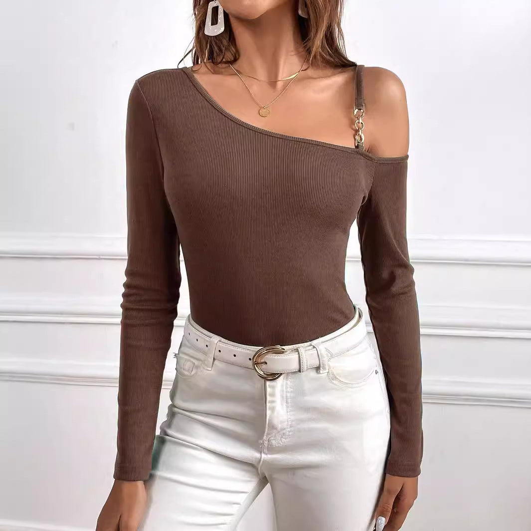 Women's asymmetric long-sleeved top with fashionable chain detail W&W