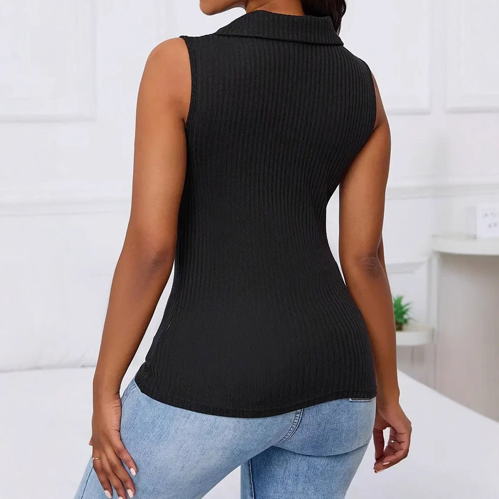 Women's sleeveless polo shirt with structured rib design and decorative button details W&W