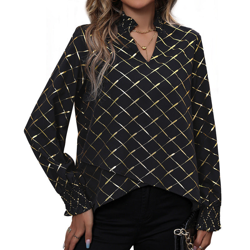Women's blouse with elegant diamond pattern and puff sleeves WW