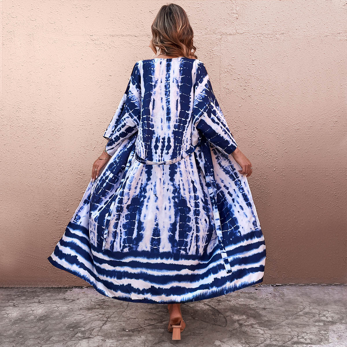 Women's beach kimono with elegant deep V-neck and playful tie belt