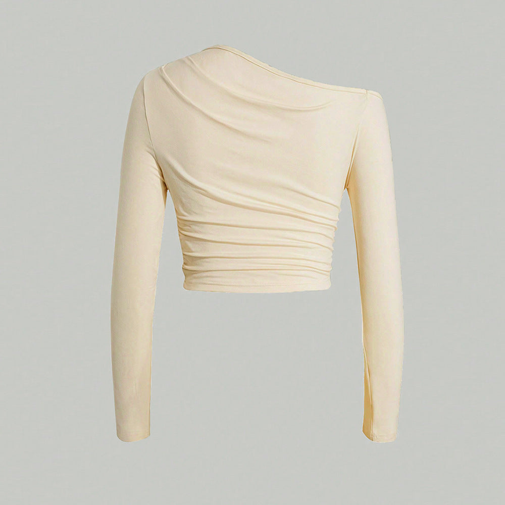 Women's asymmetric long-sleeved crop top with fashionable ruffles W&W