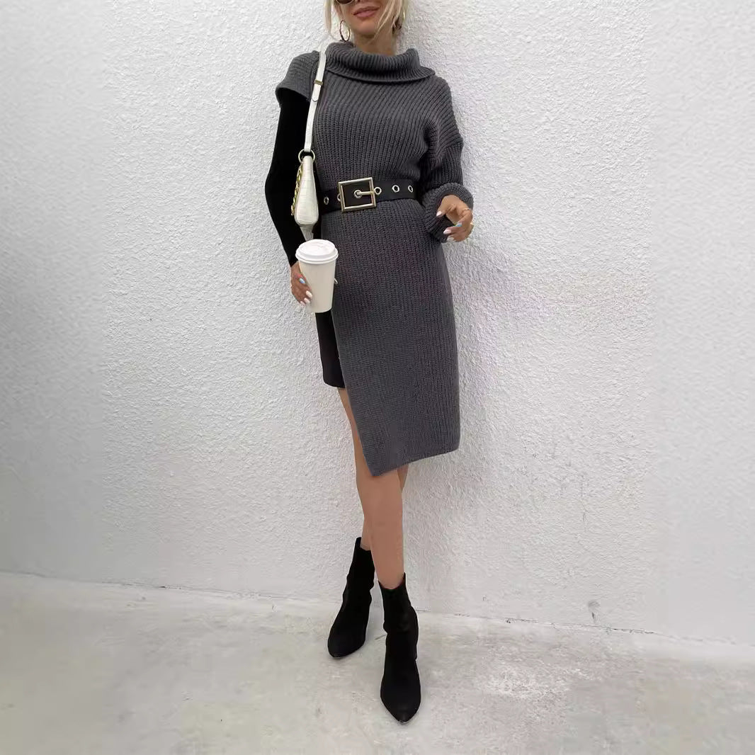 Women's knitted dress with asymmetric hem and high collar WW