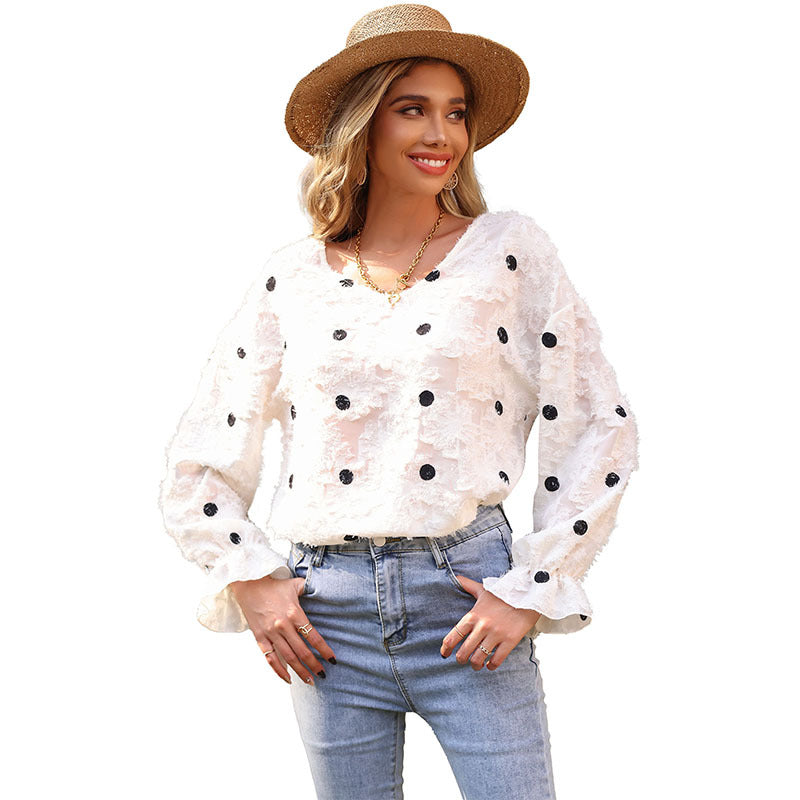 Women's blouse with decorative ruffle details and feminine lace structure WW