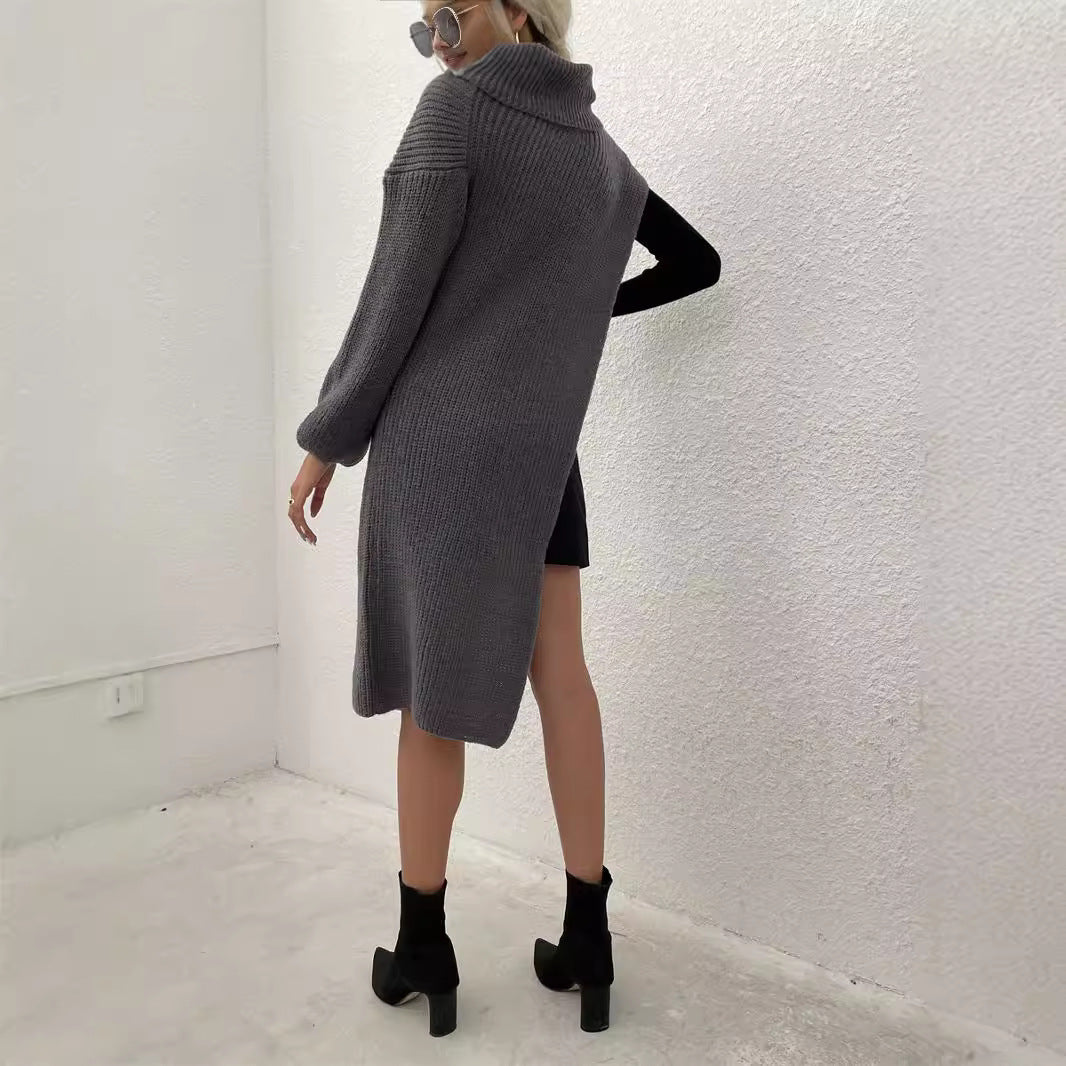 Women's knitted dress with asymmetric hem and high collar WW