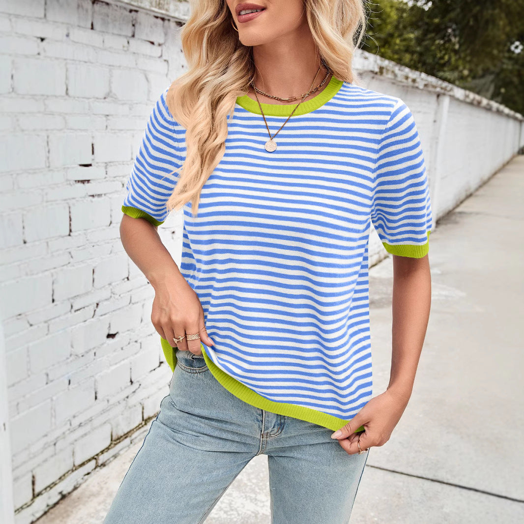 Women's comfortable striped leisure blouse with contrast collar WW