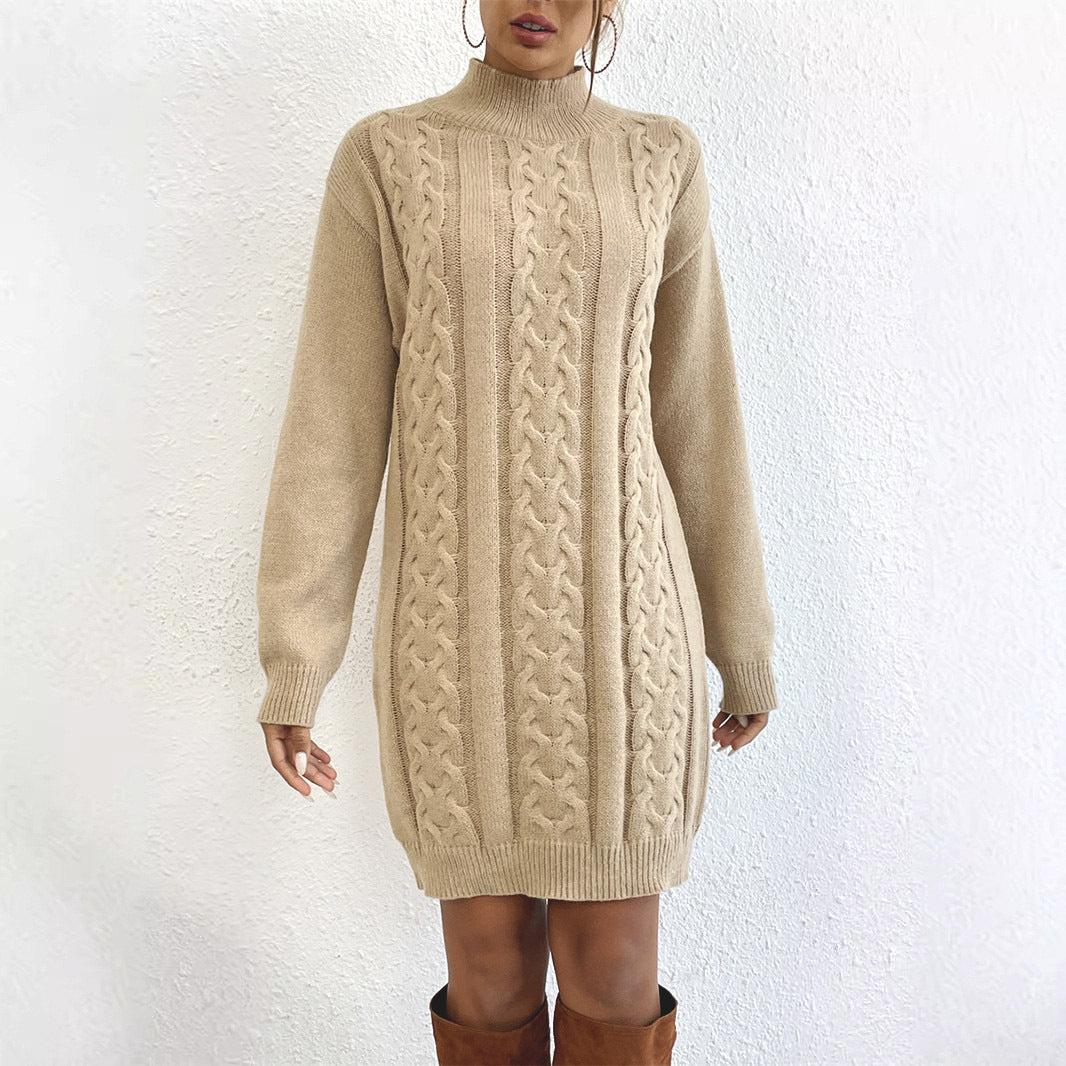Women's knitted dress with high collar and elaborate cable pattern WW