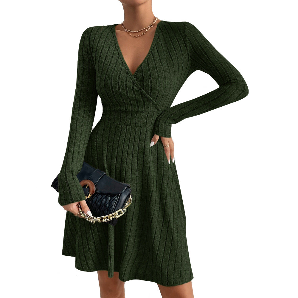 Women's knitted dress with deep V-neck and elegant long sleeves