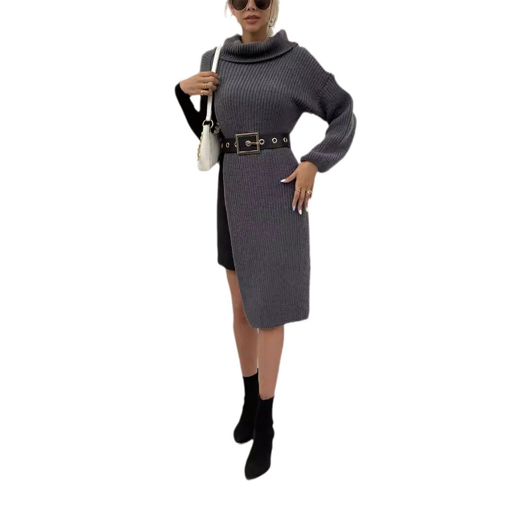 Women's knitted dress with asymmetric hem and high collar WW