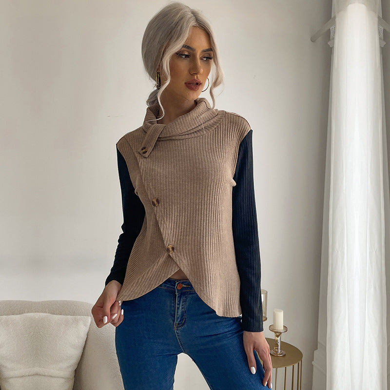 Women's asymmetric wrap top with high collar and decorative buttons WW