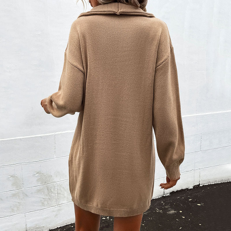 Women's knitted dress with elegant collar and practical button details WW